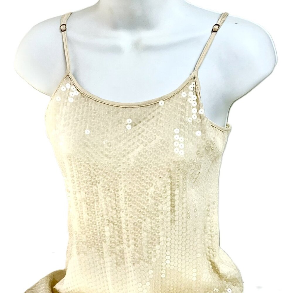 Rozae Nichols Cream Sequin Camisole Top Sheer Spaghetti Strap Size P USA